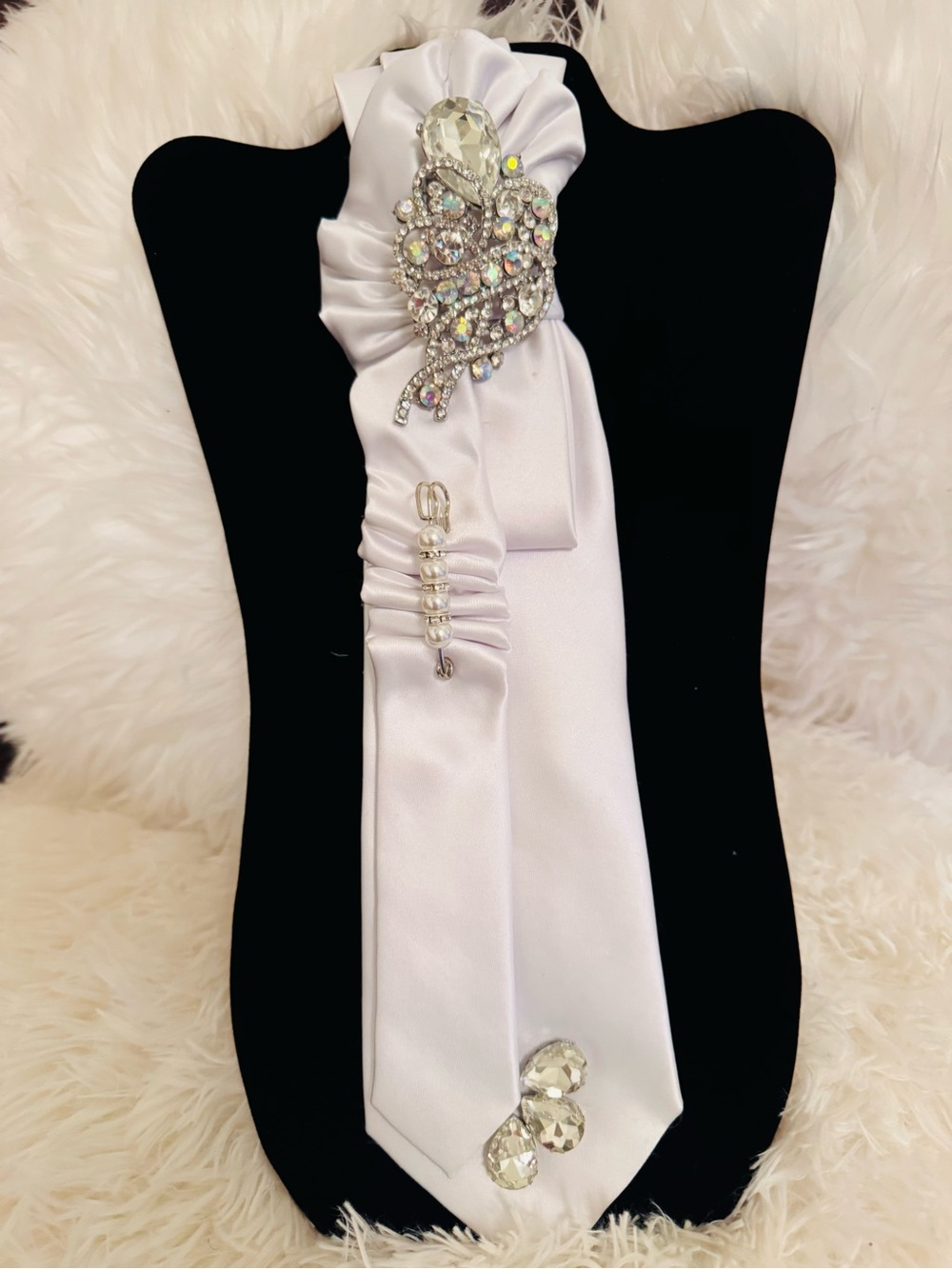 White Satin Ribbon Necklace with Crystal Brooch Accent